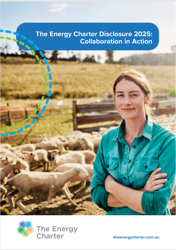 The cover of the Energy Charter Disclosure. Includes an image of a young female farmer with sheep in the background